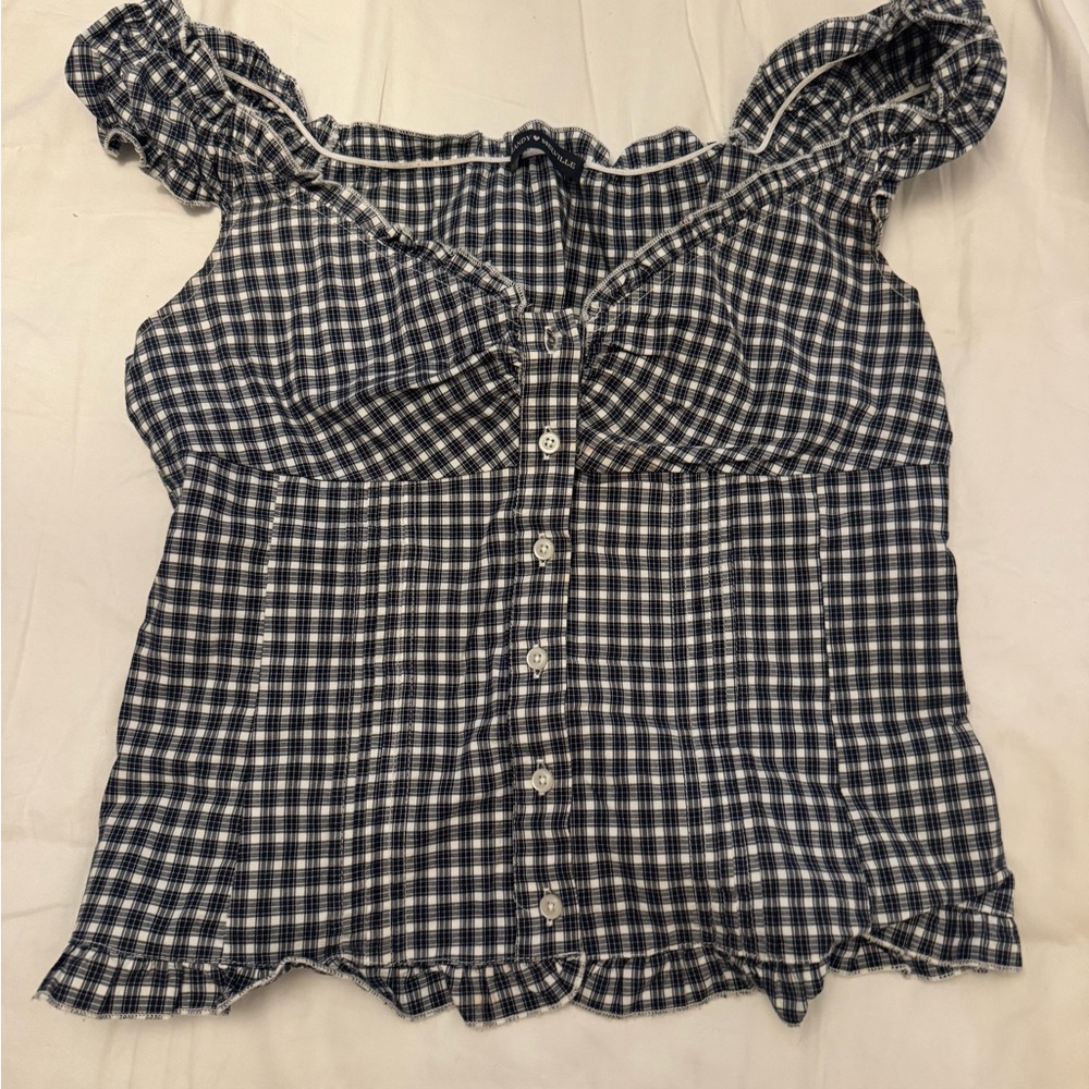 Brandy Melville Navy and White Gingham Button-Front Top